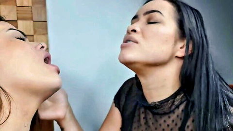 Kyara in intense long tongue kissing lesbian fetish with partner
