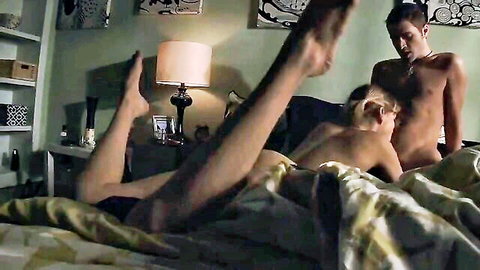 Hot blonde teen in explicit MMF threesome, legs spread wide