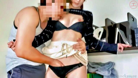 Asian woman in black lingerie groped by man in amateur JAV tease