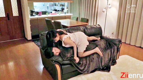 Japanese woman in dress straddling partner for quick sex while wife away