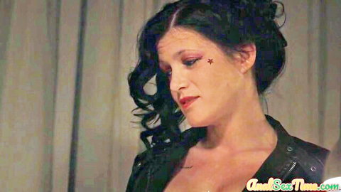 Brunette babe in leather jacket, teasing in anal threesome preview