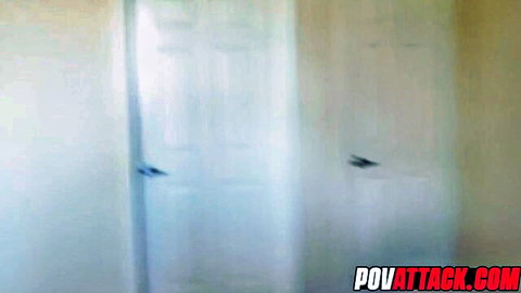 Blurry POV hallway with white doors before intense fuck on POVAttack