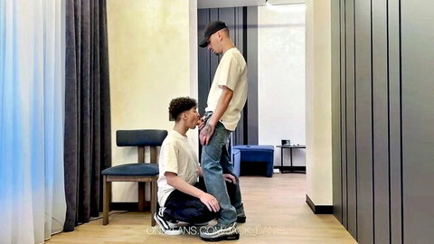 Jack Daniel and partner in clothed gay tease, athletic black men kneeling touch