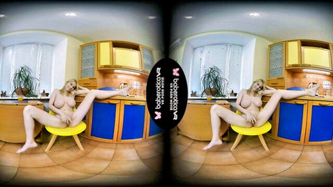 Curvy blonde babe spreads legs wide exposing shaved pussy on kitchen chair in VR