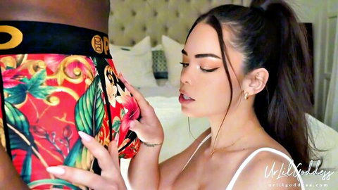 Latina hottie squeezes muscular BBC bull's ass cheek in colorful Versace underwear