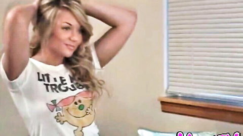 Blonde fit teen teases in Little Miss t-shirt, dildo play solo