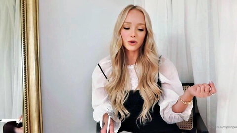 Blonde model Gwen Gwiz in sheer blouse and black dress ASMR sperm clinic roleplay