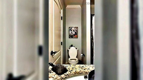 Blurry bathroom voyeur scene with mysterious dark figure near sink