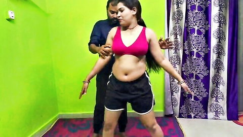 Sexy Indian housewife in pink bra and shorts does yoga as man grips her hips from behind