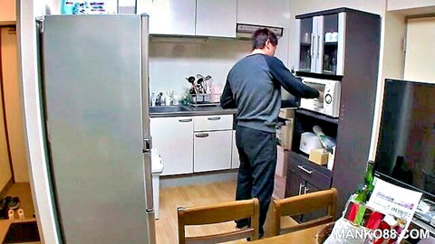 Japanese college guy in casual kitchen scene, uncensored amateur JAV
