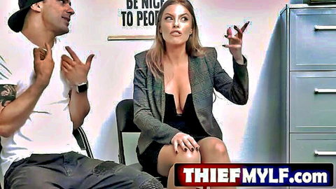 Britney Amber in office interrogation of young shoplifter, Mylf seduction