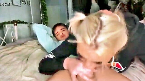 Blonde teen deepthroating cock in amateur POV video