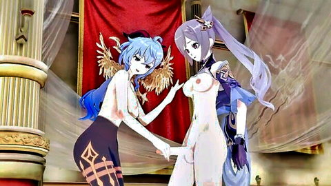 Ganyu topless with futanari Keqing in Genshin hentai encounter