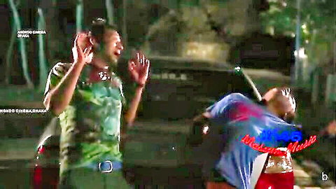 Two men in action pose near car at night, Bangla movie Game 2015 scene