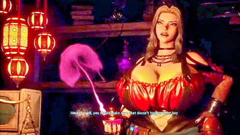 Busty witch Herba in revealing red dress casting purple magic spell in 3D hentai game