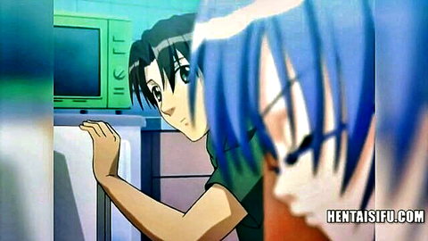 Anime hentai tutor threesome setup: blue-haired girl peeks at green-haired guy in kitchen, part 2