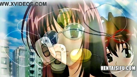 Anime redhead with glasses and headset in summer urban scene with brunette friend