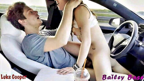 Bailey rides cowgirl on boyfriend in Tesla autopilot car sex