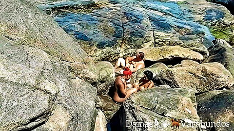 Nude naturists in rocky beach orgy with Myllena Rios and Capoeira