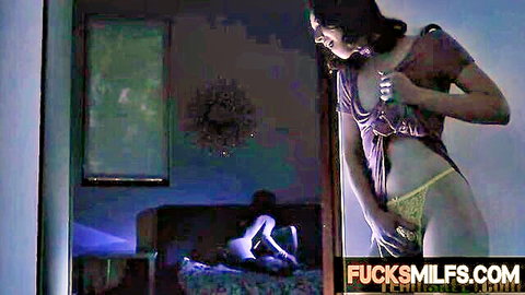 Pepper Hart in purple lingerie teasing with hand on panties