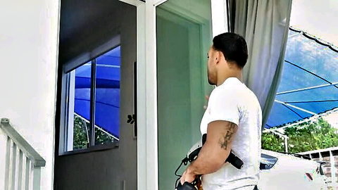 Ivy Secret plumber fantasy scene, handyman arrives at door in steamy repair setup