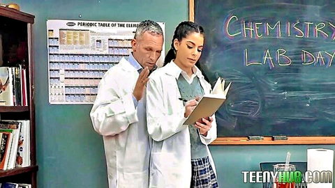 Angel Gostosa in schoolgirl lab coat with Marcus London chemistry roleplay