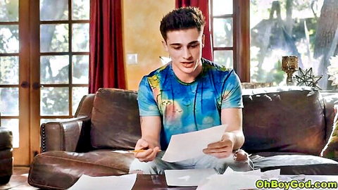 Chase Arcangel studying geometry homework in colorful shirt, MILF stepmom scene