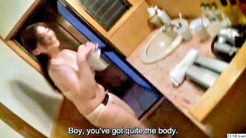 Pale voluptuous mature Japanese wife topless in white panties, smiling in onsen bathroom