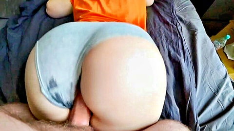 Close-up of wet pussy in blue panties fucked doggy style by man