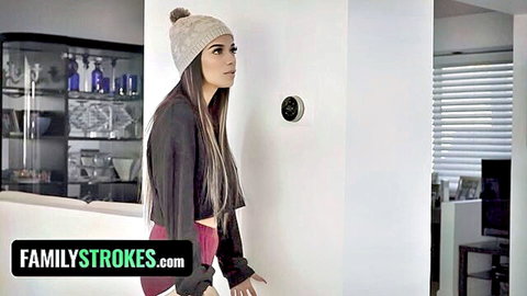 Busty brunette step sis in beanie and crop top sneaks into bro's room