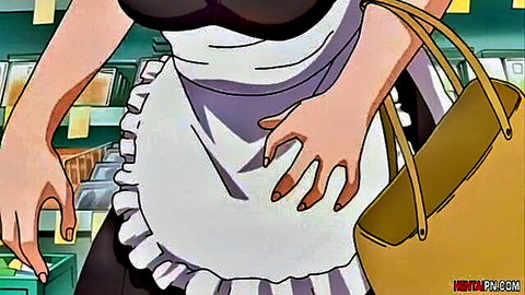 Anime hentai maid in submissive pose, white apron and black dress, uncensored domination scene