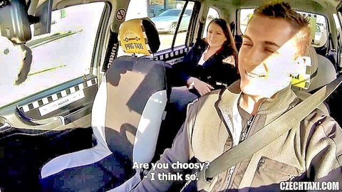 Amateur brunette seduces taxi driver in cab, choosy talk
