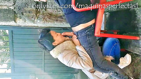 Flexible Latina teen bends upside down unzipping tight jeans to lick her wet pussy outdoors