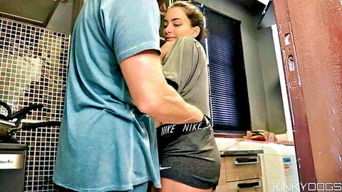 Boss embraces sexy housemaid from behind in kitchen, teasing foreplay part 1