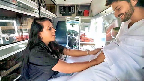 Jolla PR as Latina paramedic boss seduces smiling male patient in ambulance