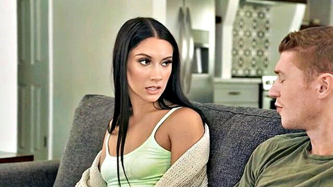 Jazmin Luv teases stepsis nipples hard on couch with stepbro