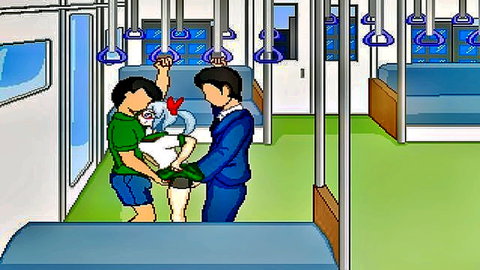 Pixel art hentai MMF threesome on train, woman lifted in white dress by suited men