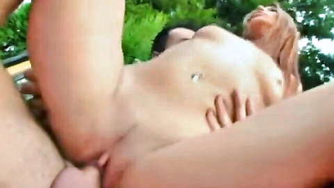 Redhead babe with navel piercing gets pussy fucked roughly outdoors by hairy guy