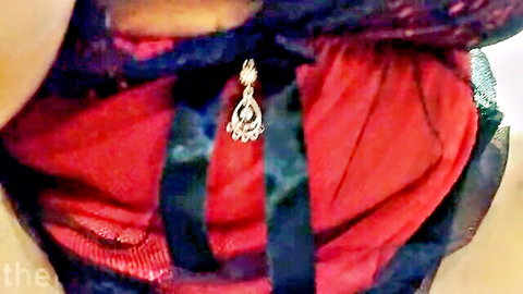 Indian college girl Mia in sexy red and black lingerie, deep cleavage close-up