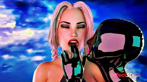 Young kinky futanari in shiny latex performs oral on masked latex figure in 3D animation