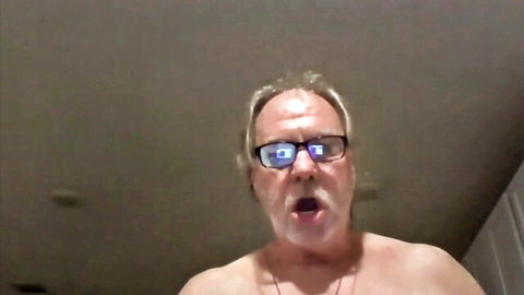 Mature daddy solo webcam jerk off, shirtless older man with glasses