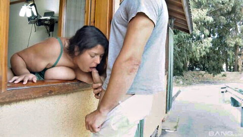 Cassy Hill busty MILF giving intense blowjob through window