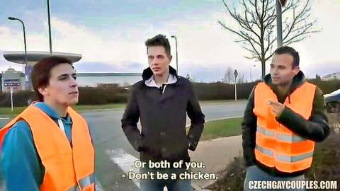 Three fit Czech guys in vests outdoors, teasing gay hunter invitation