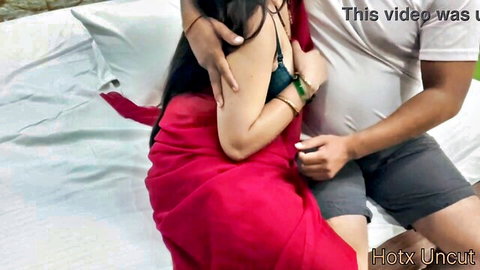 Shna 020 and Aman in hot Indian threesome with fat man in red saree embrace