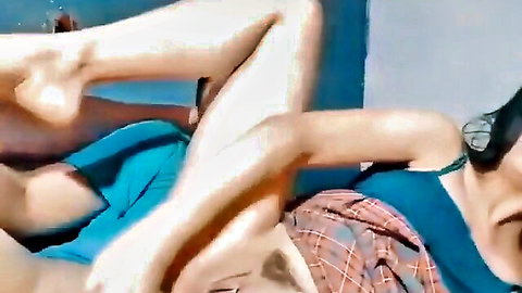 South Asian woman with exposed tits gets pussy eaten by man in missionary on bed