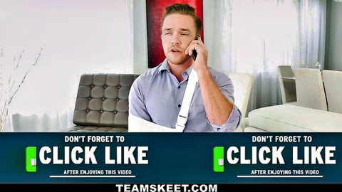 Redhead guy with arm sling talks on phone in modern room, Team Skeet video thumbnail