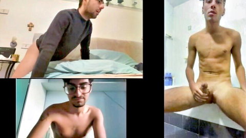 Three naked gay guys stroking hard erect cocks in bedroom and bathroom webcam shots