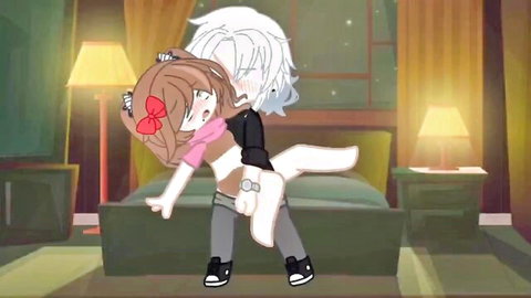 Elizabeth Afton hugged intimately by white-haired guy in FNAF porn parody