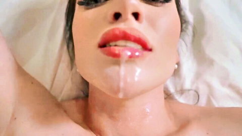 Luna Roulette with cum dripping from her red lips in POV compilation