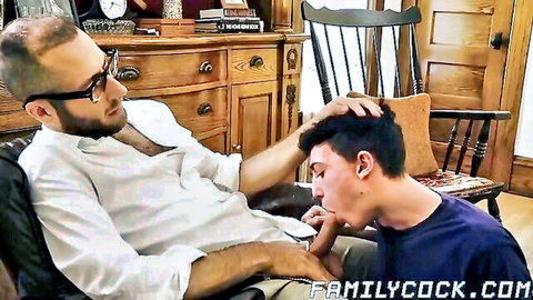 Glasses-wearing DILF stepdad forces young stepson to suck his thick cock on knees